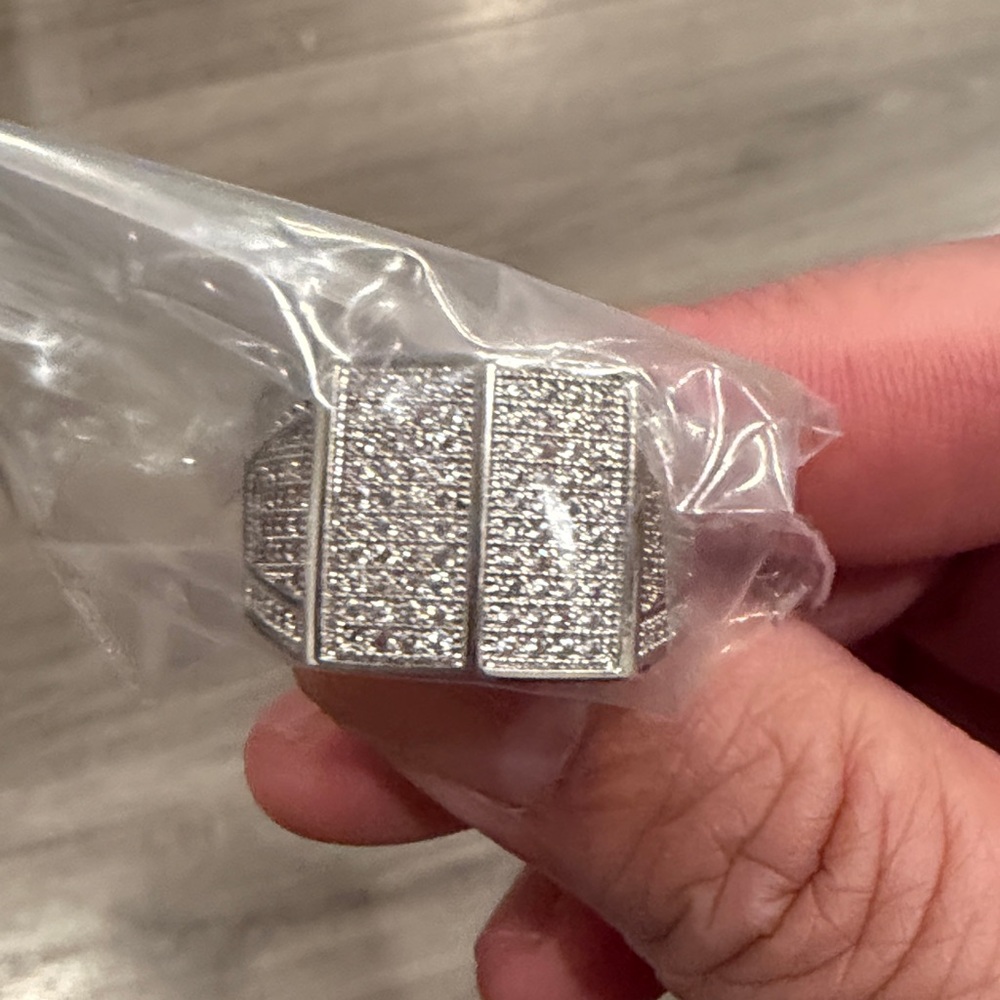 Panel Silver Plated Band Bling Bling Ring Cubic Zirconium CZ Size 12